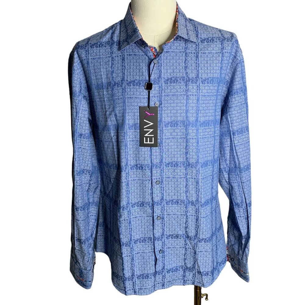 ENVY Button Up Long Sleeve Shirt XL Blue Southwestern Flip Cuff Collar NEW